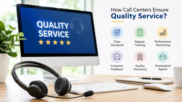 Call center quality service dashboard with headset and support icons.