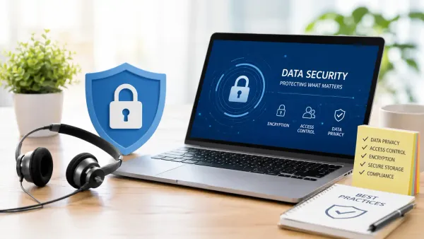 Handle sensitive call center data concept with headset, laptop, lock shield, and privacy checklist.