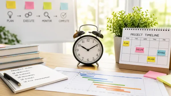 Workspace with clock, timeline board, and charts for project time management.