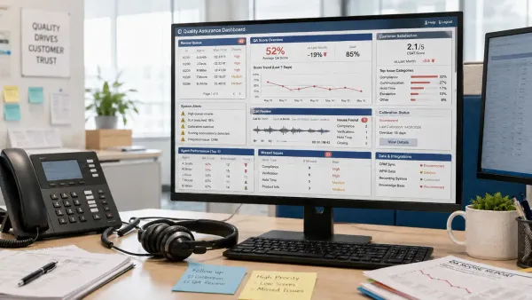 Outdated call center QA dashboard showing low scores, missed issues, and review delays.