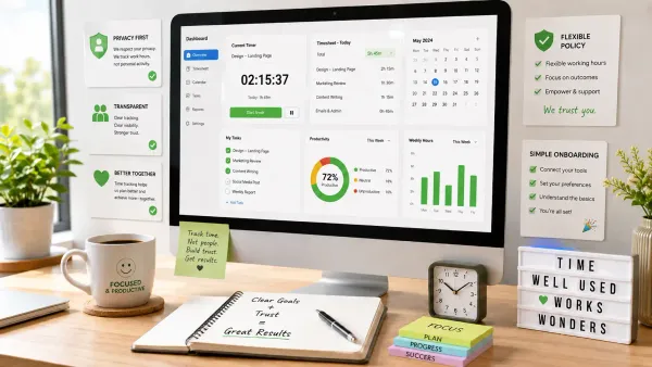 Time tracking dashboard showing trust, privacy, and employee-friendly productivity tools.