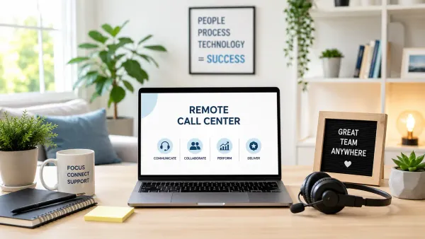Remote call center setup with laptop, headset, and bright home office desk.