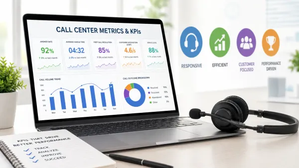 Call center metrics dashboard with headset and KPI charts on a desk.