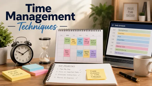 Time management techniques with planner, clock, schedule, and priority notes.