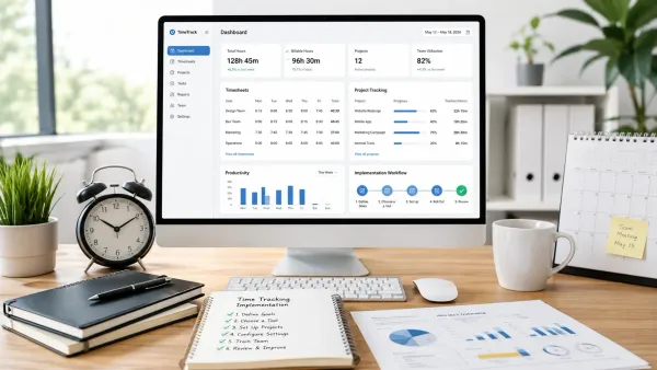 Time tracking dashboard showing company implementation workflow.