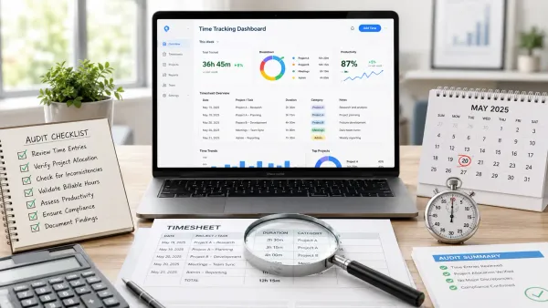 Time tracking audit dashboard with checklist, timesheets, calendar, and productivity charts.