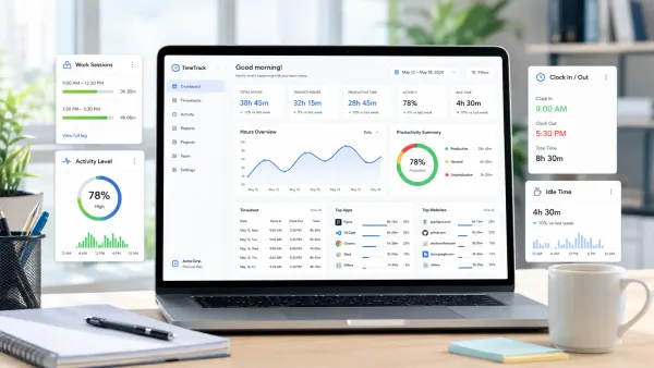 Time tracking app dashboard showing hours, activity, idle time, and app usage data.