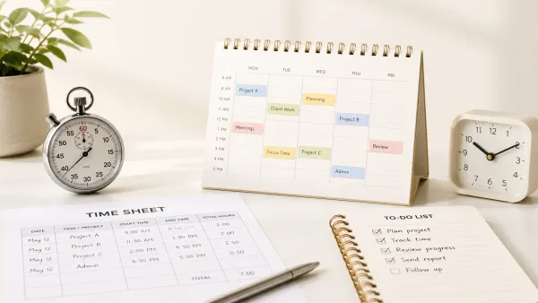 Time tracking methods with stopwatch, timesheet, planner, and desk clock.