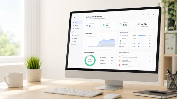 Bossware employee monitoring dashboard on a modern office computer.