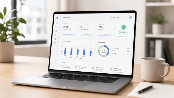 Employee monitoring dashboard showing privacy, consent, and productivity insights.