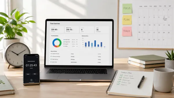 Time tracking dashboard with clock, timer, calendar, and task checklist.