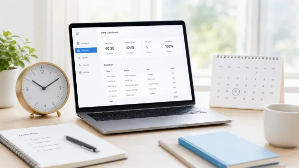 Time tracking dashboard, clock and calendar for salaried employee work hours.