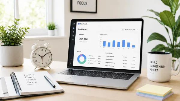 Startup time tracking dashboard on a bright, minimal workspace with laptop and clock.