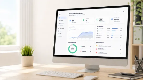 Bossware employee monitoring dashboard on a modern office computer.