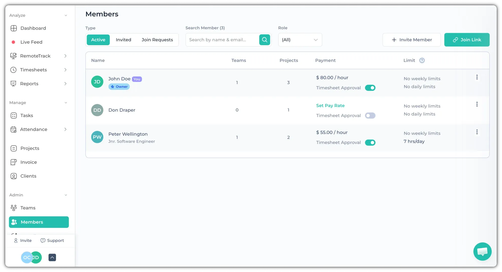 Members list in Apploye