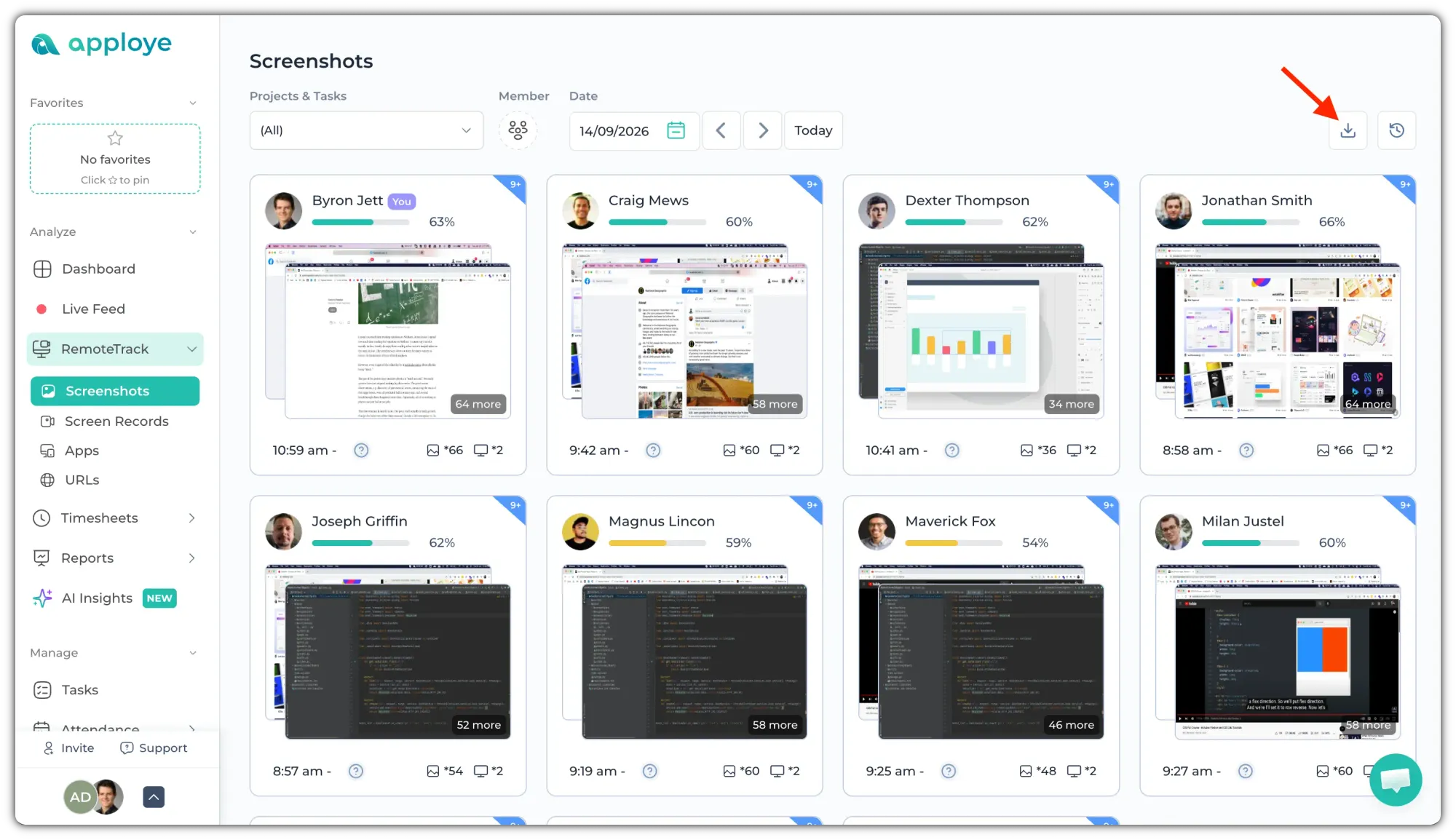 Export icon on the Screenshots page
